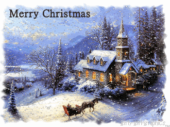 Merry Christmas church sleigh falling snow.gif